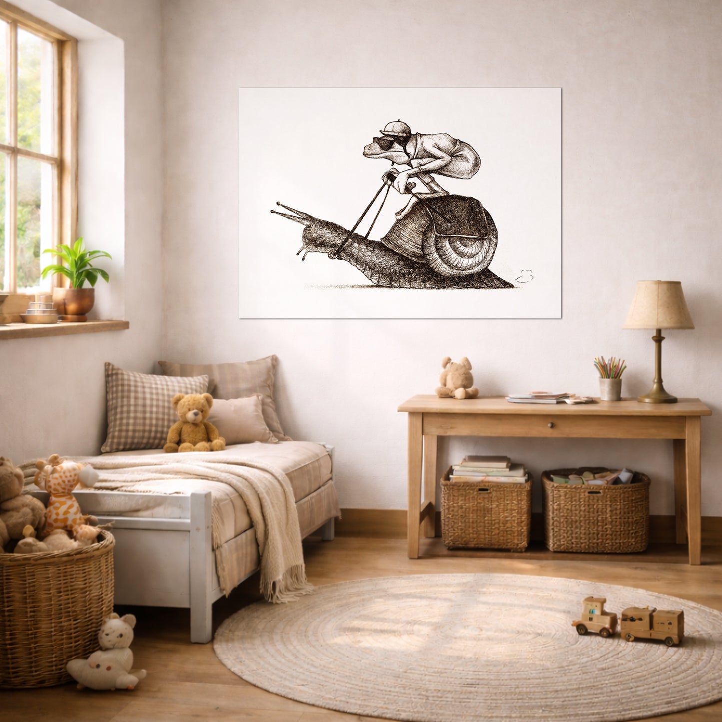 Black and white pencil drawing of snails racing, vintage graphite humorous animal art print by Mike Koubou